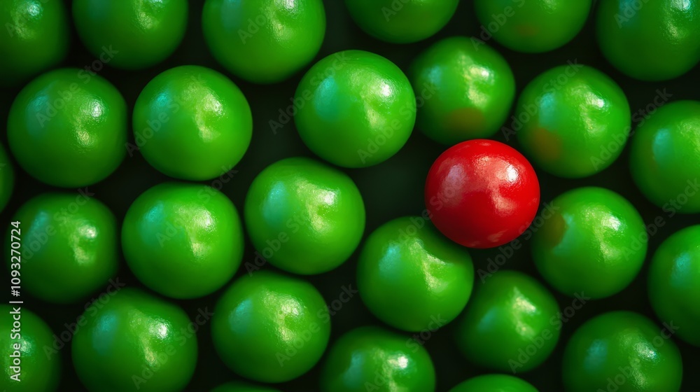 A red ball standing out among identical green balls, symbolizing the power of creative thinking, minimalist design A red ball standing out among identical green balls, symbolizing the power of creative thinking, minimalist design