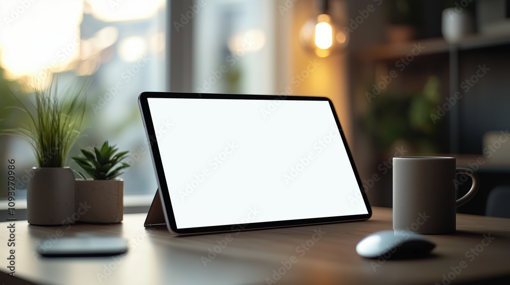 Sleek and Modern Tablet Displaying a Clean User Interface at Home Office Setting, Perfect for Digital Content and Contemporary Workspace Aesthetics Sleek and Modern Tablet Displaying a Clean User Interface at Home Office Setting, Perfect for Digital Content and Contemporary Workspace Aesthetics