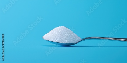 A close-up of a spoonful of white sugar against a blue background.