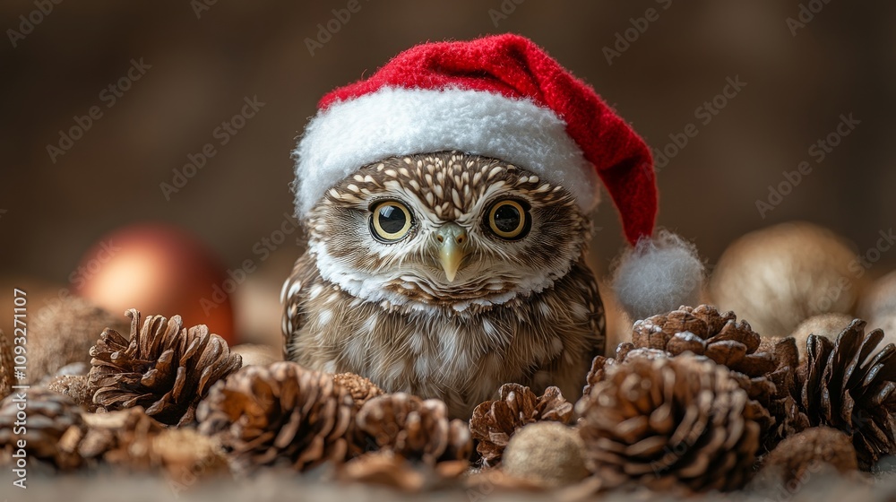 Festive owl wearing a santa hat surrounded by pine cones and ornaments Festive owl wearing a santa hat surrounded by pine cones and ornaments