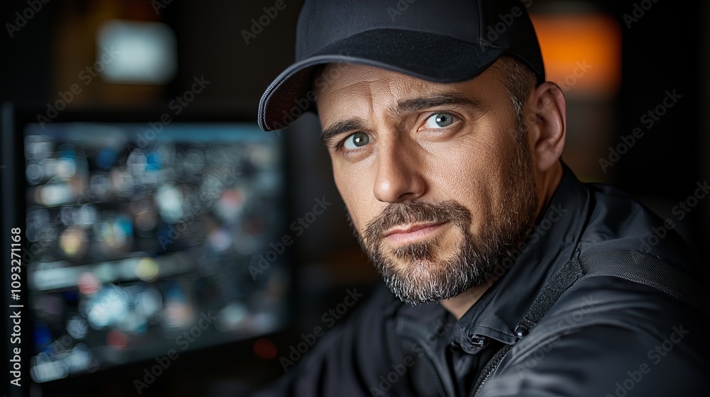 Serious Caucasian man in a cap, focused on his work behind a computer screen in a dimly lit room. Serious Caucasian man in a cap, focused on his work behind a computer screen in a dimly lit room.