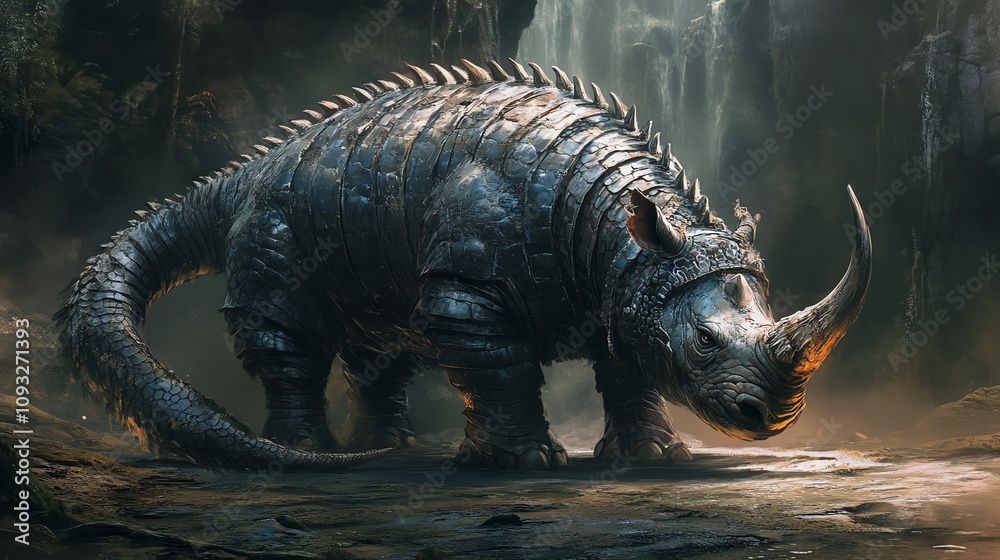 Fototapeta premium A powerful armored rhinoceros stands alone in a mystical forest, showcasing its strength and resilience.