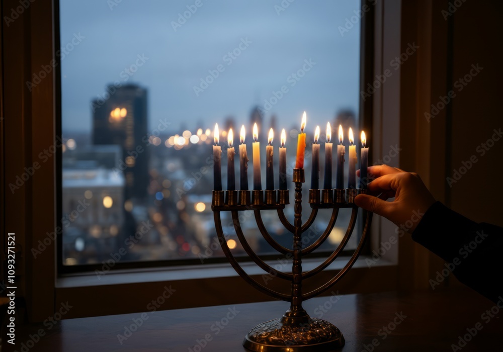 Fototapeta premium Hand lighting menorah candles by window with cityscape background during evening
