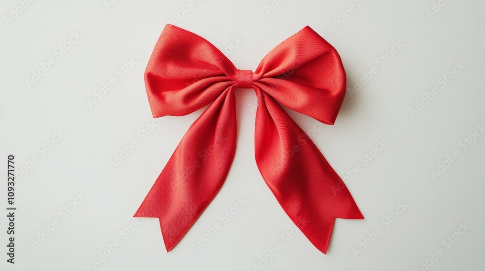 A simple red bow with long, clean lines draped against a plain white backdrop A simple red bow with long, clean lines draped against a plain white backdrop