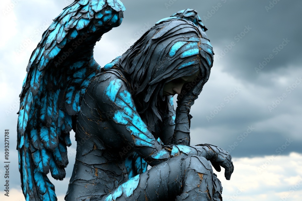 Fototapeta premium Angel with dark, tattered wings, standing under a stormy sky with dramatic lighting highlighting their sorrowful expression