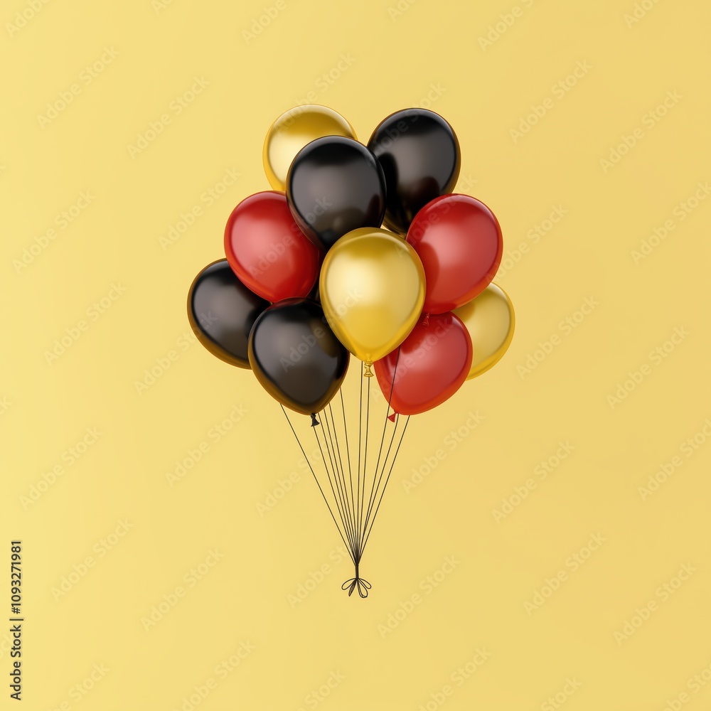 Vibrant cluster of red, black, and gold helium balloons in minimalist yellow background - festive celebration or party decoration concept Vibrant cluster of red, black, and gold helium balloons in minimalist yellow background - festive celebration or party decoration concept