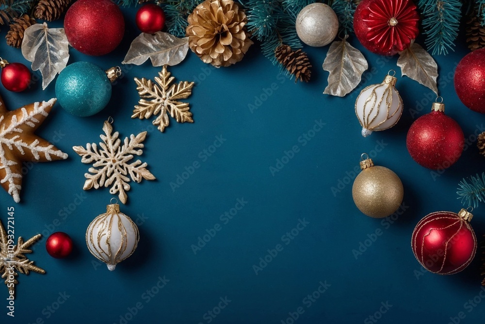 A blue background with a variety of gold, red and blue Christmas ornaments with copy space A blue background with a variety of gold, red and blue Christmas ornaments with copy space