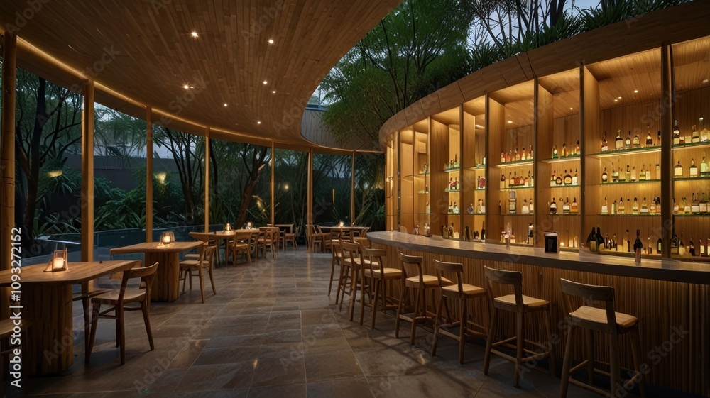  This list prioritizes keywords likely to be highly searched...  Curved wooden bar and restaurant in tropical setting.