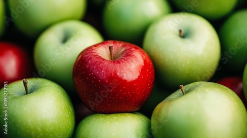 A single, bright red apple sitting among a pile of green apples, symbolizing unique creative thinking, minimalist background photo