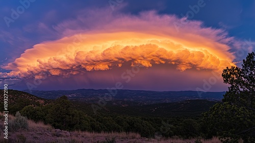 Sunset over a dramatic, colorful, arcus cloud formation above a photo