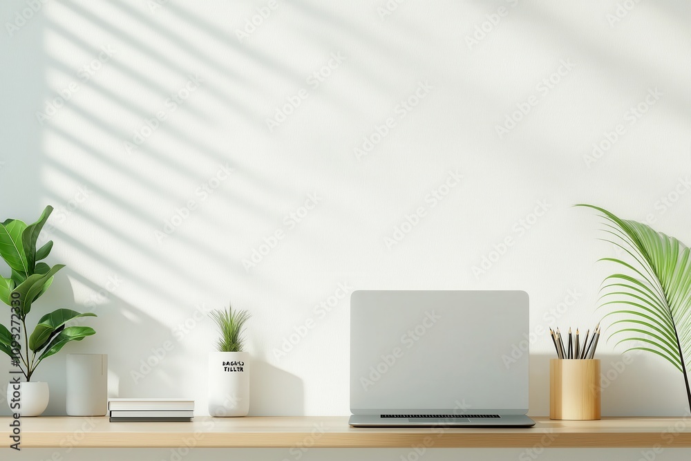 Minimalist workspace with laptop and indoor plants on wooden desk in sunlit room Minimalist workspace with laptop and indoor plants on wooden desk in sunlit room
