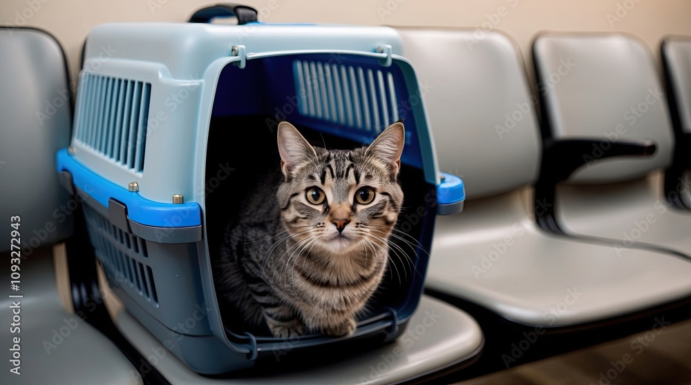 Tabby Cat in Pet Carrier at Waiting Room Tabby Cat in Pet Carrier at Waiting Room