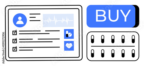 Digital dashboard with user profile, checklists, and pill icons alongside a blue Buy button and pill blister pack. Ideal for online pharmacies, telemedicine, medical apps, digital health, patient