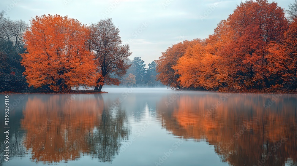 Serene autumn landscape with vibrant orange trees reflecting in calm water.