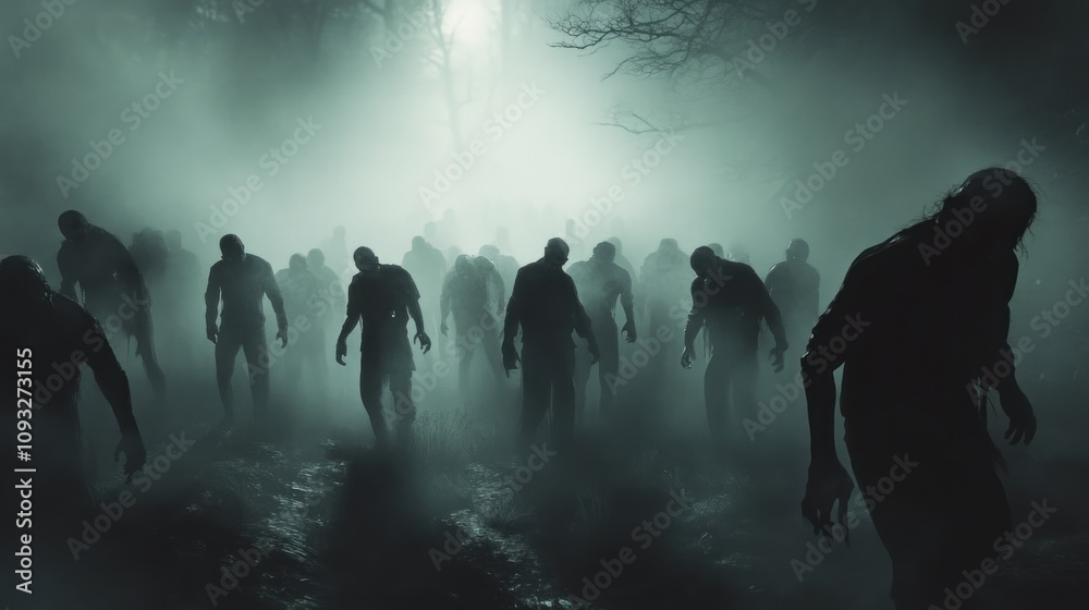 Fototapeta premium Horrific Zombie Horde in a Foggy Forest