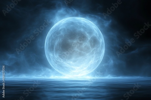 A glowing blue sphere of energy hovers above a dark, reflective surface