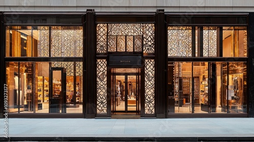 Elegant retail store front with ornate bronze facade, large windows displaying luxury goods.