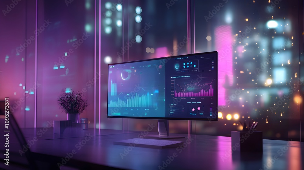 Obraz premium A coworking setup integrating 3D glowing remote strategy dashboards and 2D floating communication threads. 4k resolution, Cinematic Scene