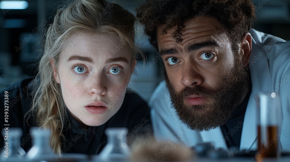 Two diverse scientists, a woman with blonde hair and a man with curly hair, look shocked in a laboratory setting. Two diverse scientists, a woman with blonde hair and a man with curly hair, look shocked in a laboratory setting.