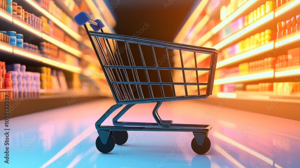 Empty shopping cart in supermarket aisle.