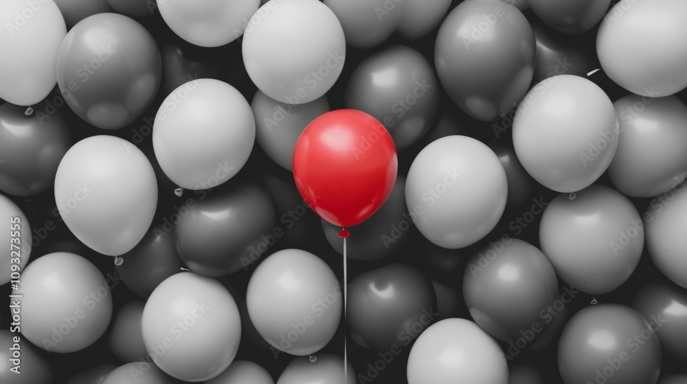 A single red balloon floating among a sea of grey balloons, symbolizing unique thinking, minimalist background A single red balloon floating among a sea of grey balloons, symbolizing unique thinking, minimalist background