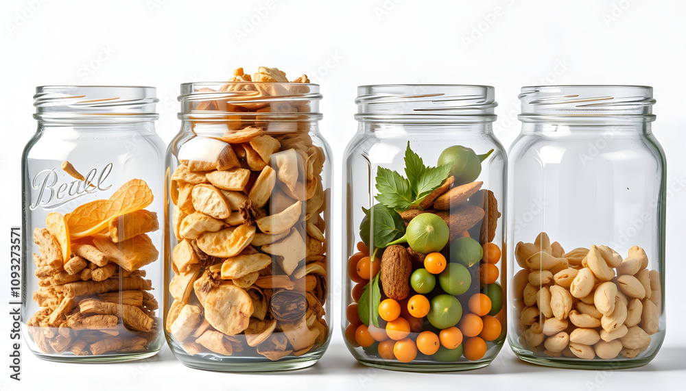 Four glass jars full with dried uncooked food ingredients isolated with white highlights, png