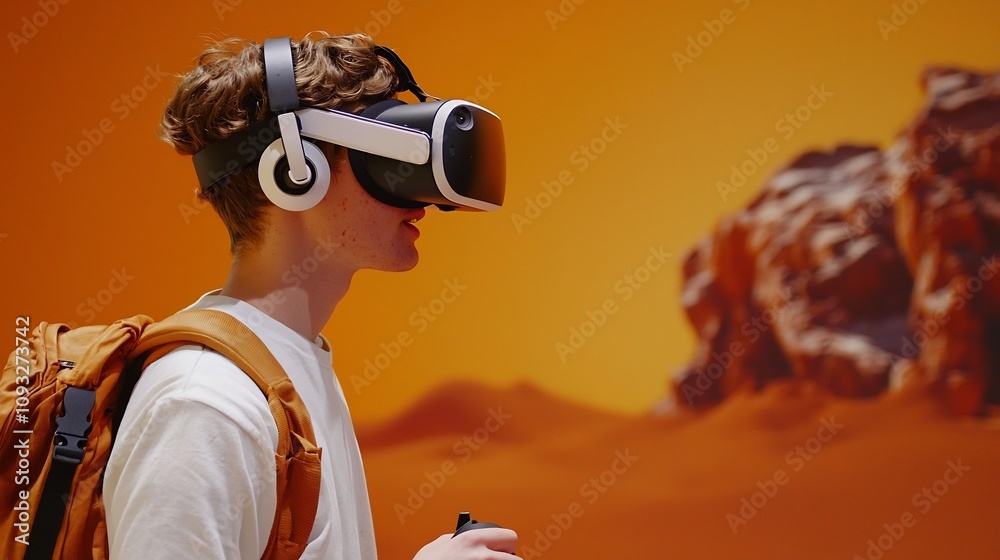 Fototapeta premium Virtual Reality Classroom Science Students Conduct Immersive Alien Ecosystem Fieldwork on Distant Planet