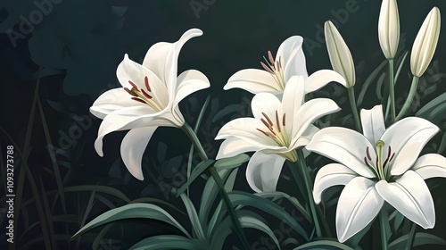 Beautiful white lily flowers on dark background