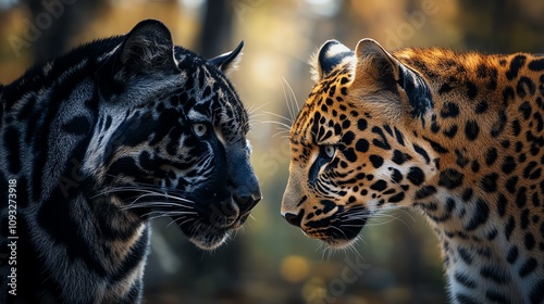 A striking close-up of a black panther and a spotted leopard, showcasing their unique features and expressions. photo