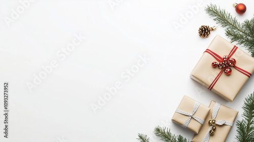 Christmas Gifts Flat Lay Composition with Ribbons and Ornaments photo