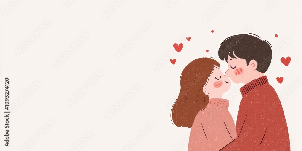 A loving couple sharing a sweet kiss surrounded by hearts and affection. A loving couple sharing a sweet kiss surrounded by hearts and affection.