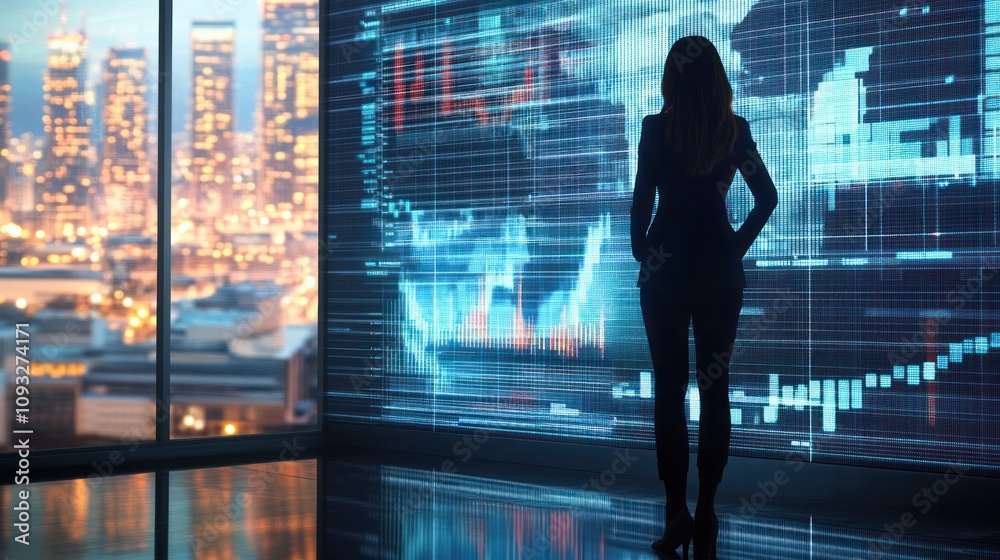 A businesswoman in formal attire standing confidently in front of a large digital screen displaying international stock market trends and economic indicators. A businesswoman in formal attire standing confidently in front of a large digital screen displaying international stock market trends and economic indicators.