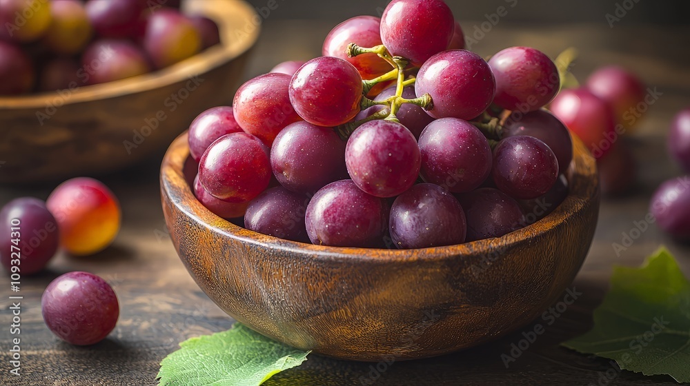 Fresh red grapes in wooden bowls on dark wood background. Fresh red grapes in wooden bowls on dark wood background.