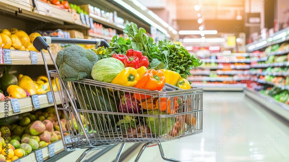Full shopping cart with fresh produce in supermarket aisle. Full shopping cart with fresh produce in supermarket aisle.