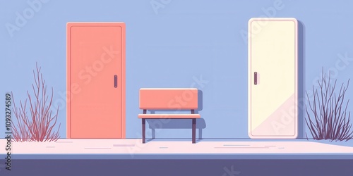 A minimalistic scene featuring two doors and a bench in a serene environment.