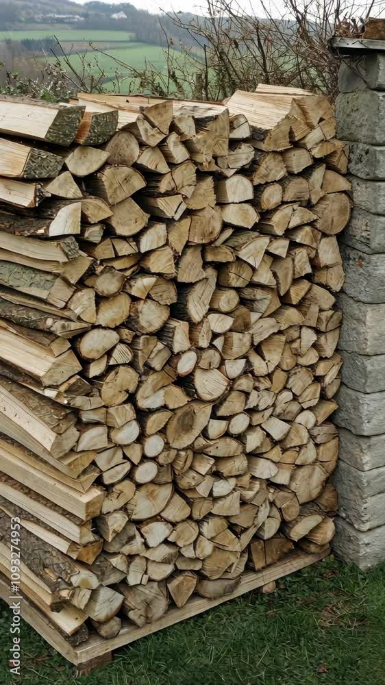 Neatly stacked firewood rests against a stone wall winter day in rural England Neatly stacked firewood rests against a stone wall winter day in rural England