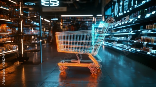 Futuristic shopping cart in a modern supermarket aisle. photo