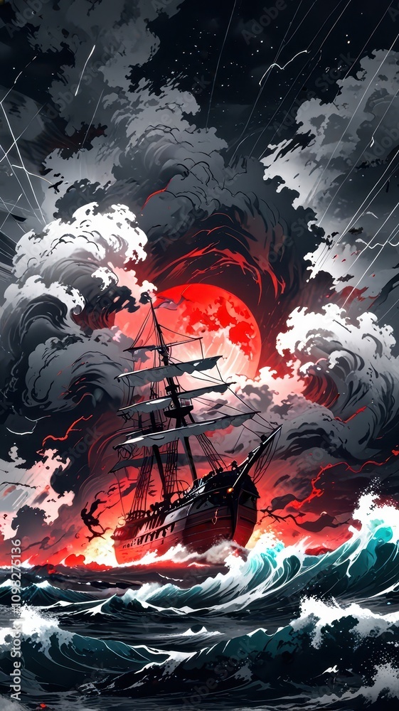 Fototapeta premium Sailing through the storm under a blood-red moon