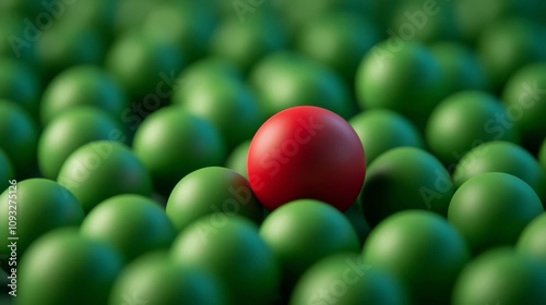 A vibrant red ball standing out among a group of green balls, showcasing individuality and creative thought