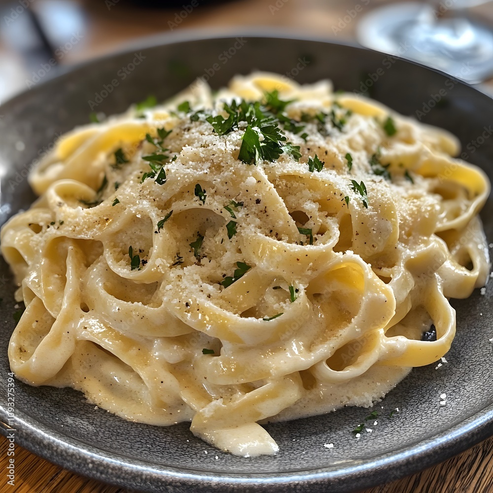 Creamy fettuccine alfredo served on a plate with fresh parsley garnish and elegant presentation Creamy fettuccine alfredo served on a plate with fresh parsley garnish and elegant presentation
