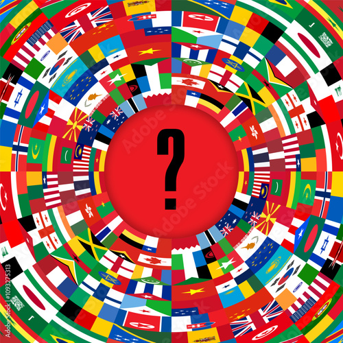 International flags stretched out into tunnel with distant exit. Solution to complex global problem of confrontation. Square vector template
