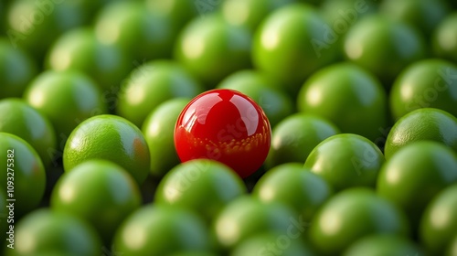 A vibrant red ball standing out among a group of green balls, showcasing individuality and creative thought photo