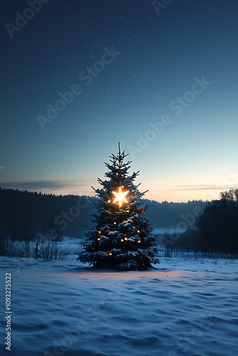 Wide-angle shot ofsingle glowing Christmas star atopfrosted tree photo