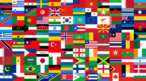 Set of international flags combined into a horizontal banner HD format. Flags of world countries united in banner. Vector