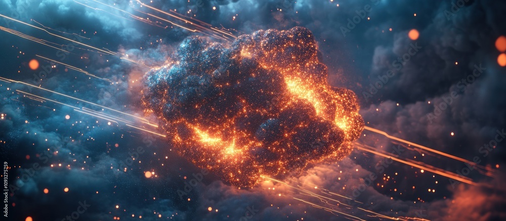 Fototapeta premium Fiery cosmic explosion with glowing embers and energy streaks.