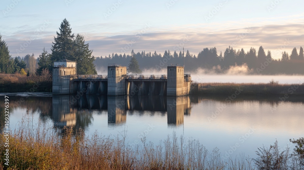 Serene Morning at a Modern Water Dam with a Tranquil Reflection in Calm Waters Surrounded by Dense Evergreen Forest and Misty Atmosphere Serene Morning at a Modern Water Dam with a Tranquil Reflection in Calm Waters Surrounded by Dense Evergreen Forest and Misty Atmosphere