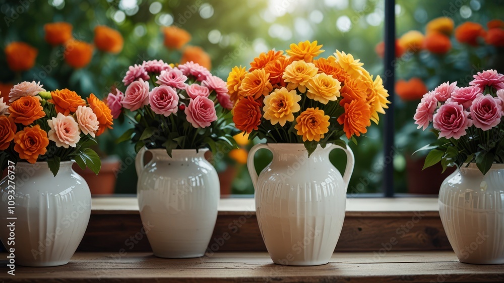 Vibrant bouquets of roses and dahlias in elegant white vases on wooden surface.
