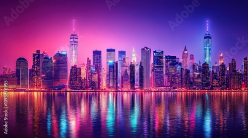 A Nighttime View of the Manhattan Skyline with Neon Lights Reflecting in the Water