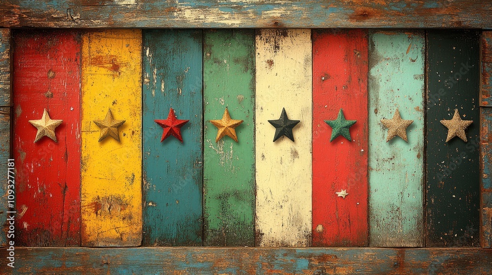 Colorful wooden planks with stars arranged in a decorative pattern Colorful wooden planks with stars arranged in a decorative pattern