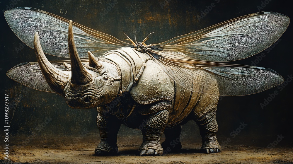 Fototapeta premium A surreal rhinoceros with butterfly wings, showcasing a fusion of strength and beauty in the animal kingdom.